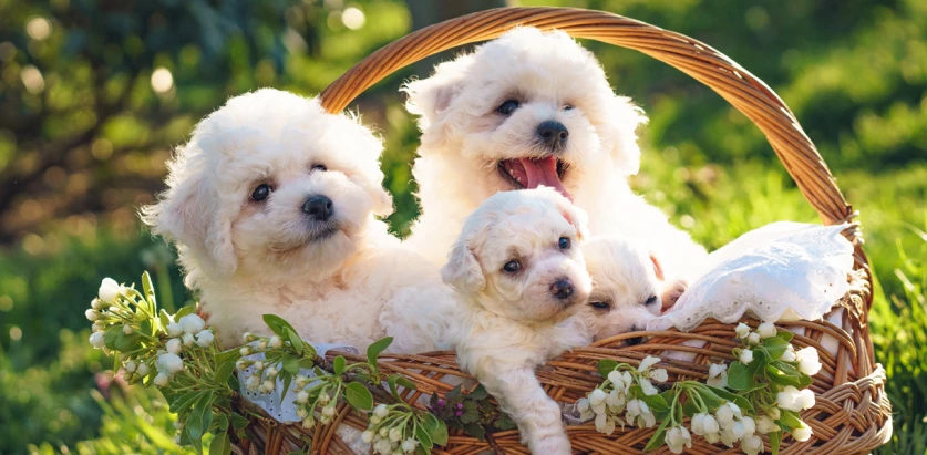 Bichon Frise dogs in a basket