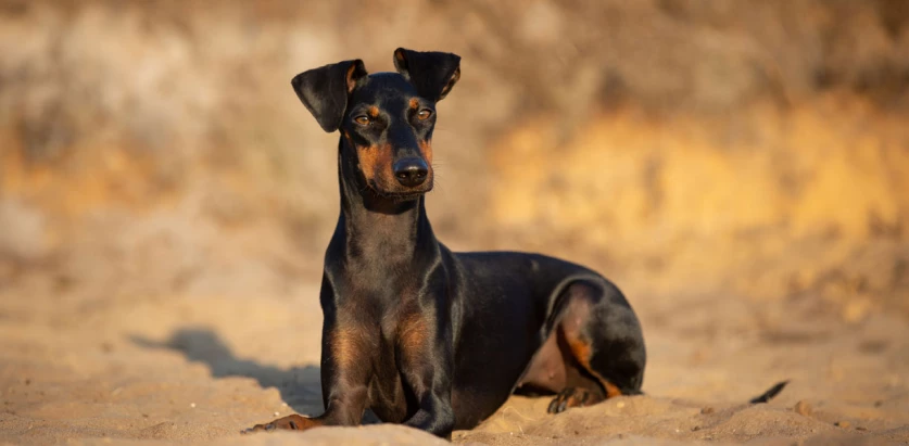 Manchester Terrier laying down on the ground