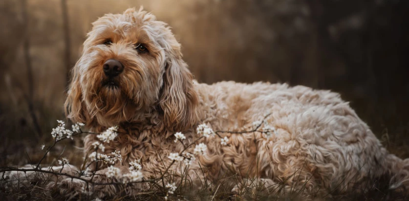 Otterhound laying with flowers